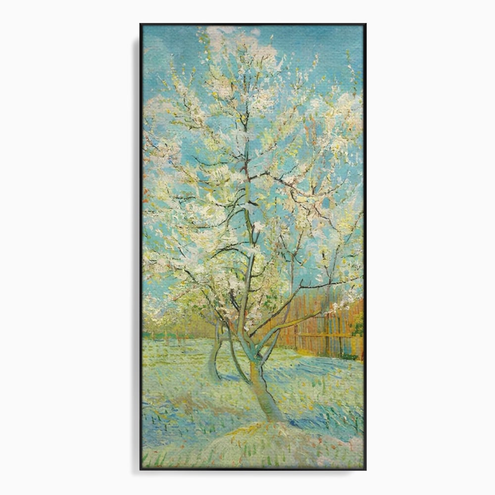 Tablou canvas cu pictura cu un copac inflorit primavara, in rama de aluminiu negru