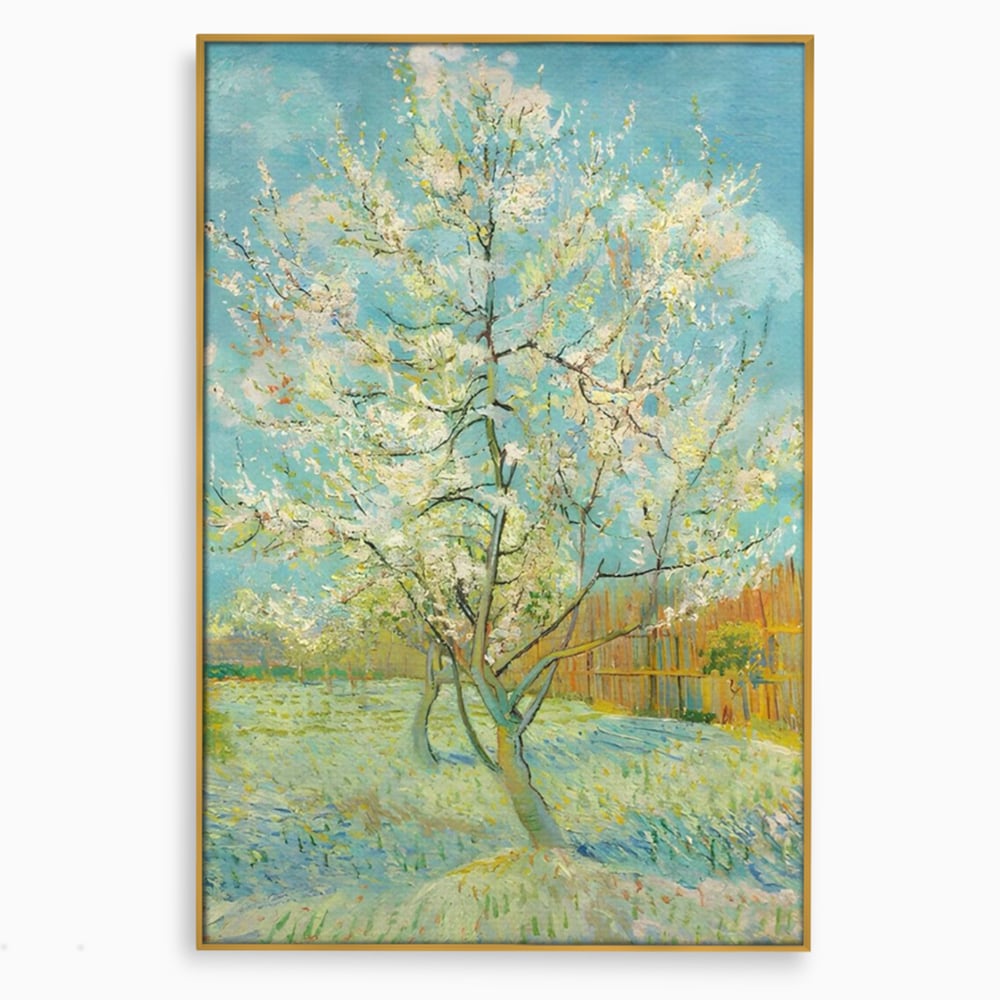 Tablou canvas cu pictura cu un copac inflorit primavara, in rama de aluminiu auriu