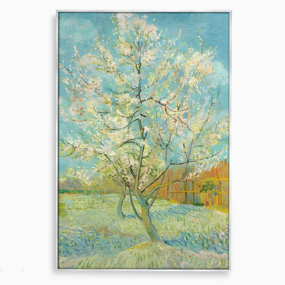 Tablou canvas cu pictura cu un copac inflorit primavara, in rama de aluminiu argintiu