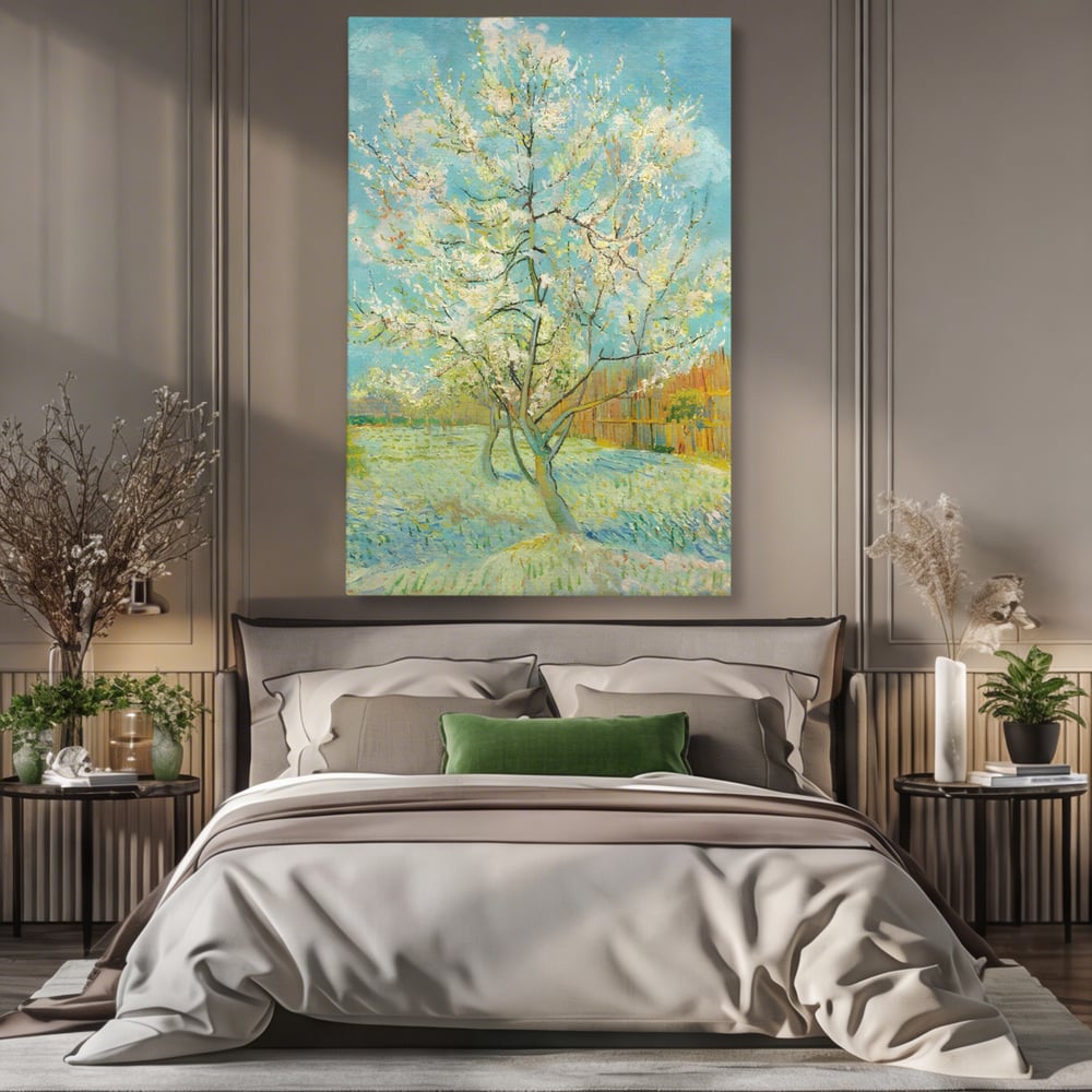Tablou canvas cu pictura cu un copac inflorit primavara, fara rama, pe sasiu de lemn, pe perete intr-un dormitor
