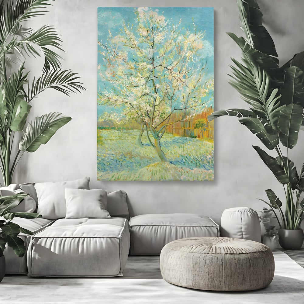 Tablou canvas cu pictura cu un copac inflorit primavara, fara rama, pe sasiu de lemn, pe perete intr-un living