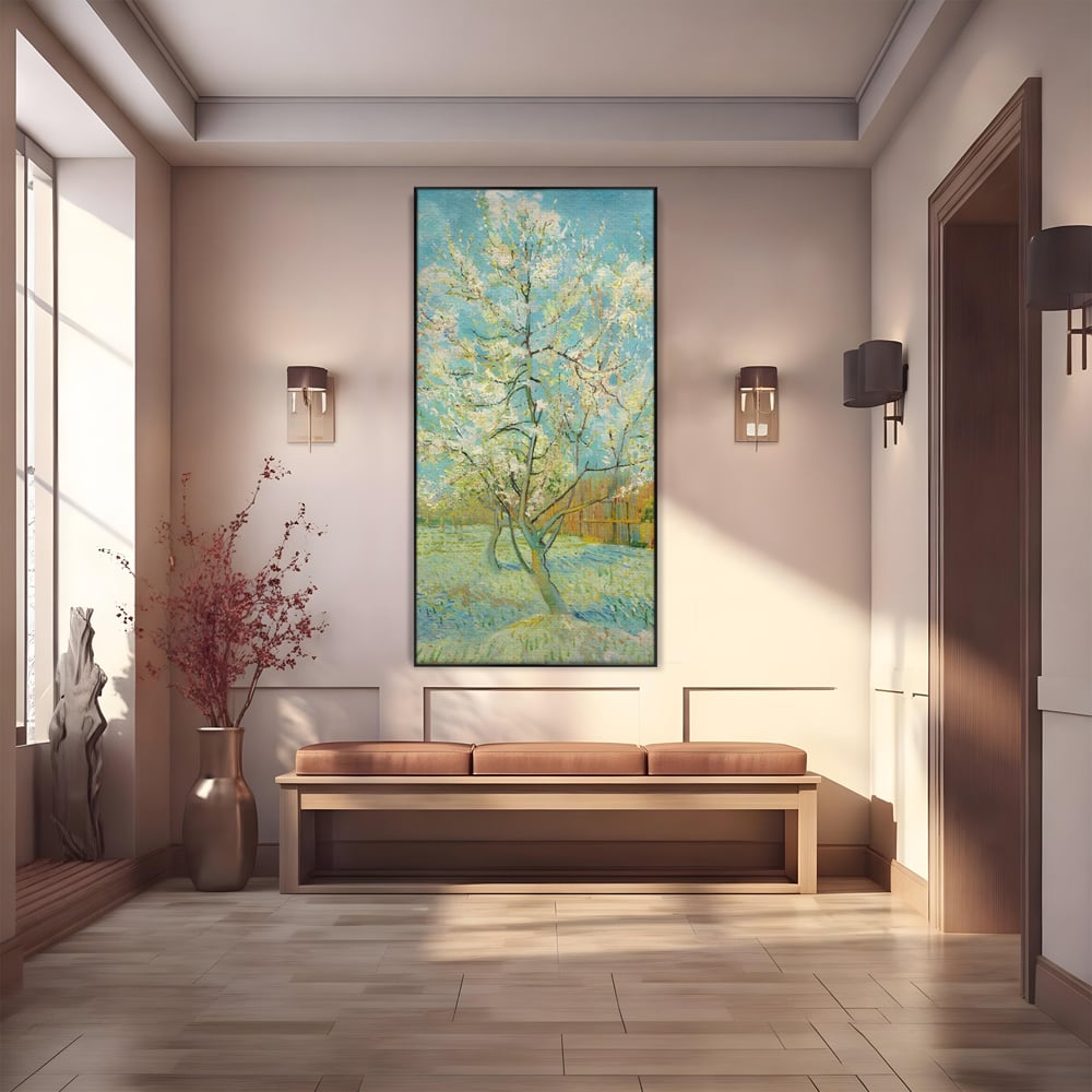 Tablou canvas cu pictura cu un copac inflorit primavara, in rama de aluminiu negru