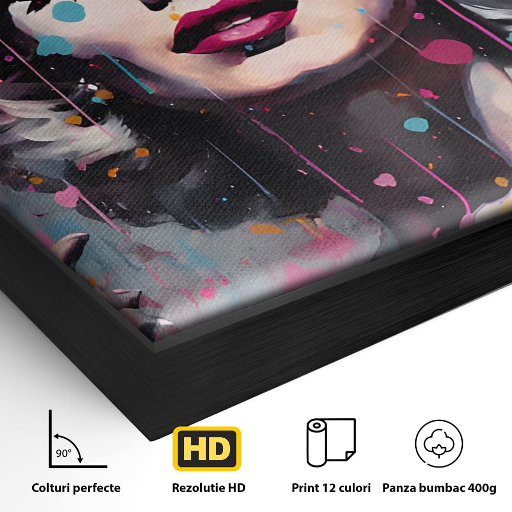 Detaliu al suprafetei: tablou canvas cu marilyn monroe, in rama de aluminiu negru