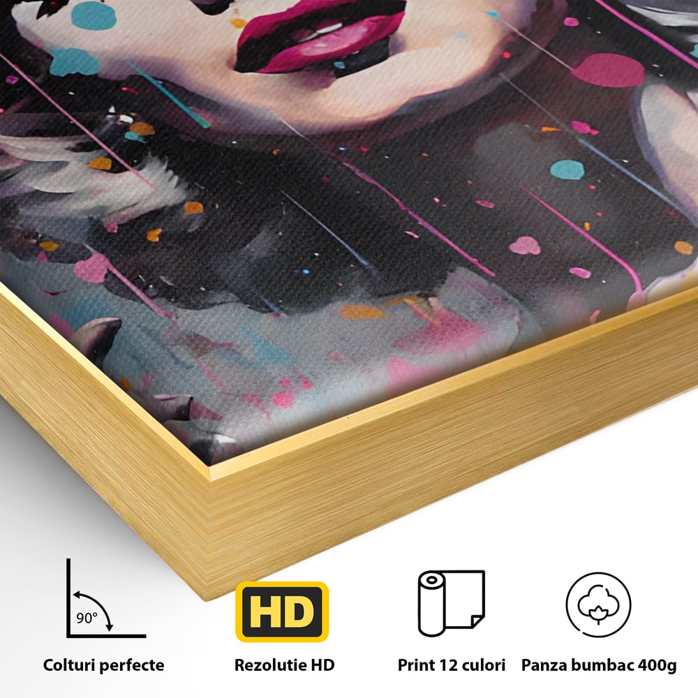 Detaliu al suprafetei: tablou canvas cu marilyn monroe, in rama de aluminiu auriu