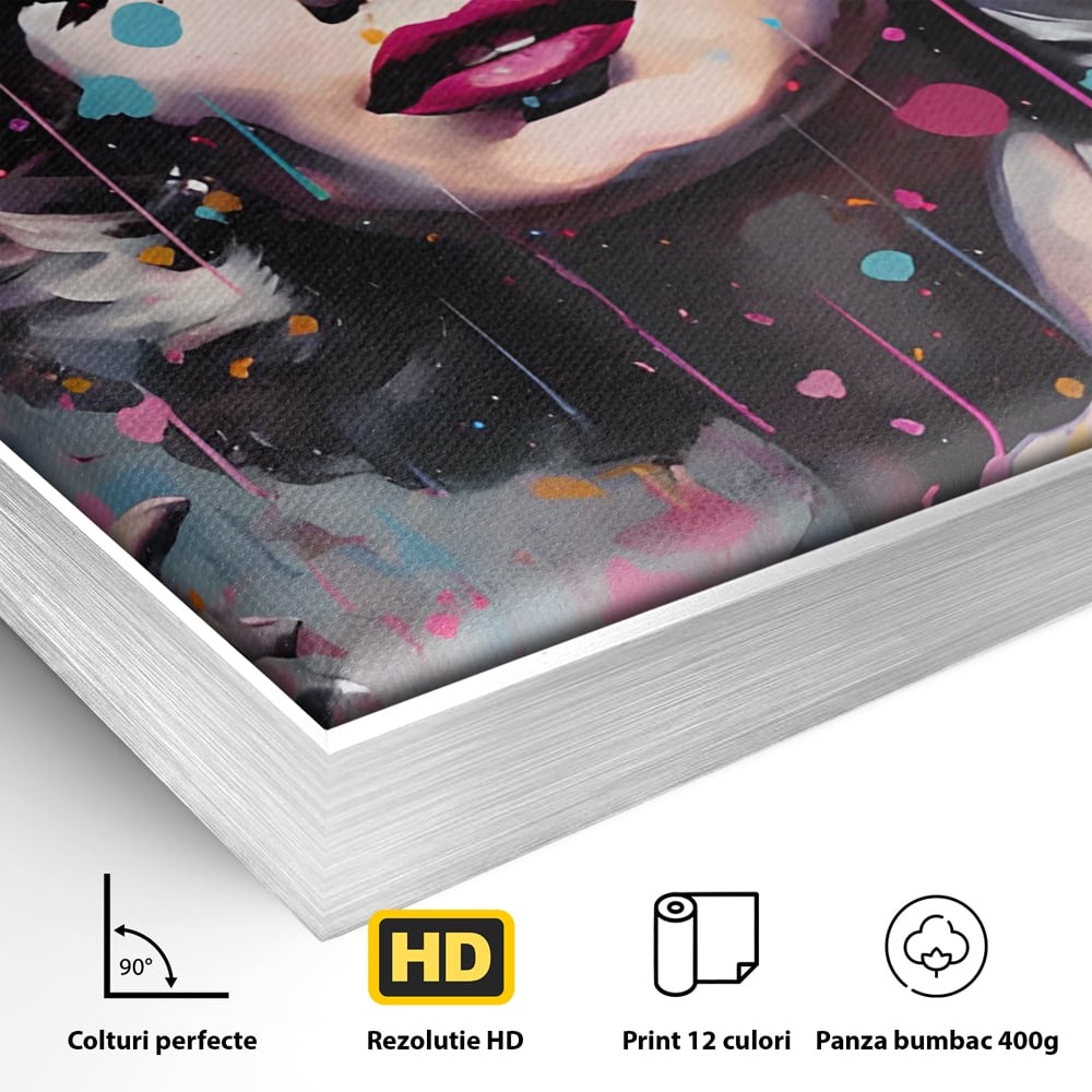 Detaliu al suprafetei: tablou canvas cu marilyn monroe, in rama de aluminiu argintiu