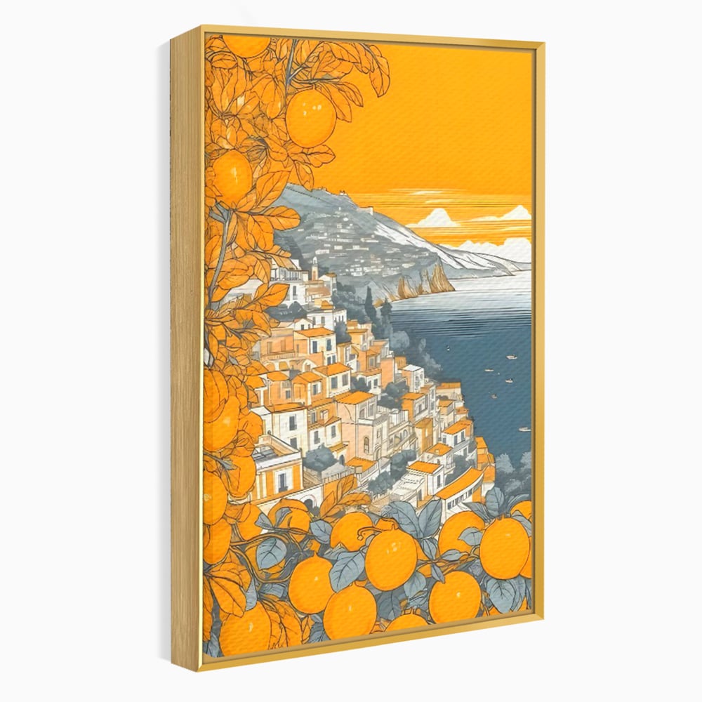 Tablou canvas cu ilustratie cu oras pe malul marii, in rama de aluminiu auriu