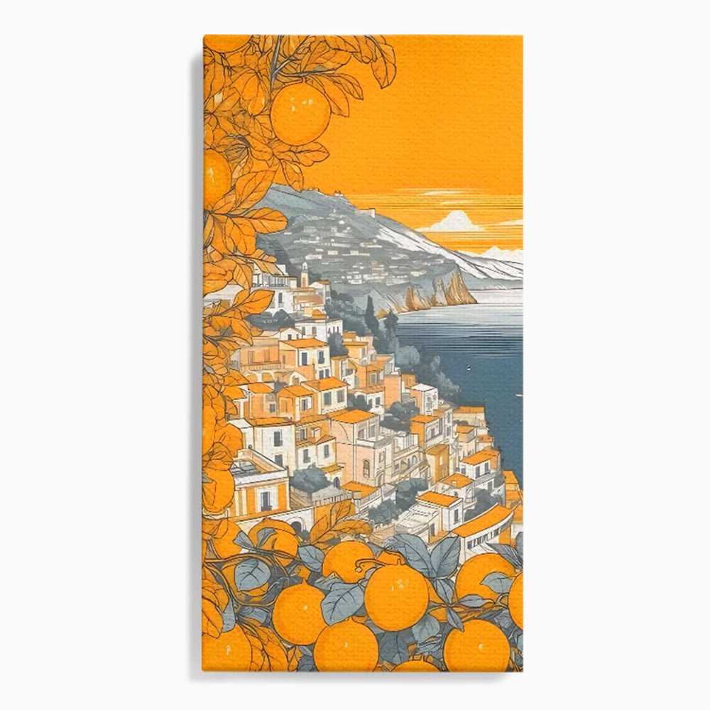 Tablou canvas cu ilustratie cu oras pe malul marii, fara rama, pe sasiu de lemn