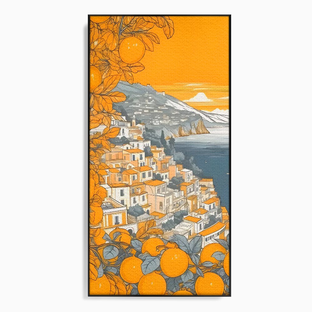 Tablou canvas cu ilustratie cu oras pe malul marii, in rama de aluminiu negru