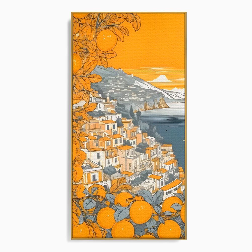 Tablou canvas cu ilustratie cu oras pe malul marii, in rama de aluminiu auriu