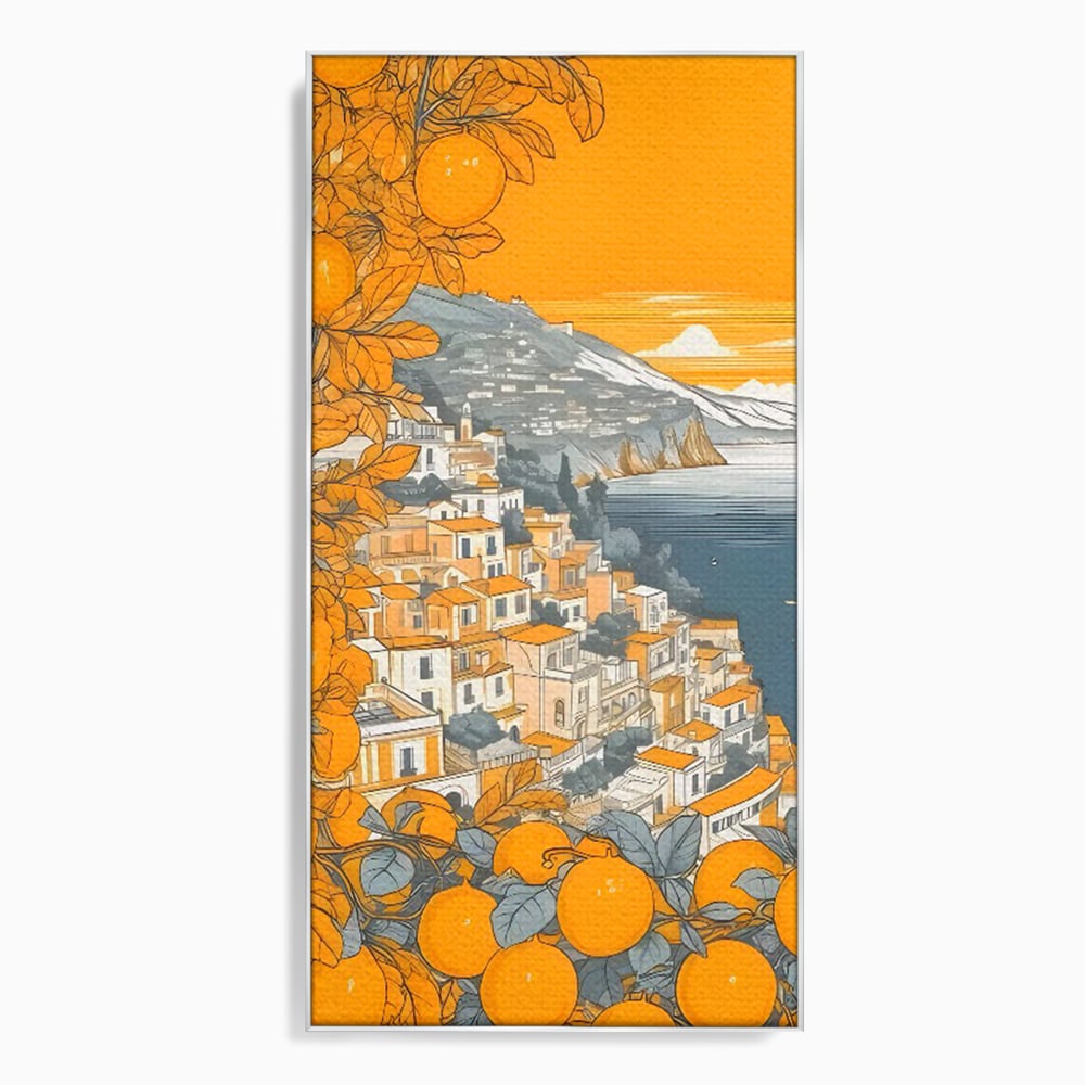 Tablou canvas cu ilustratie cu oras pe malul marii, in rama de aluminiu argintiu