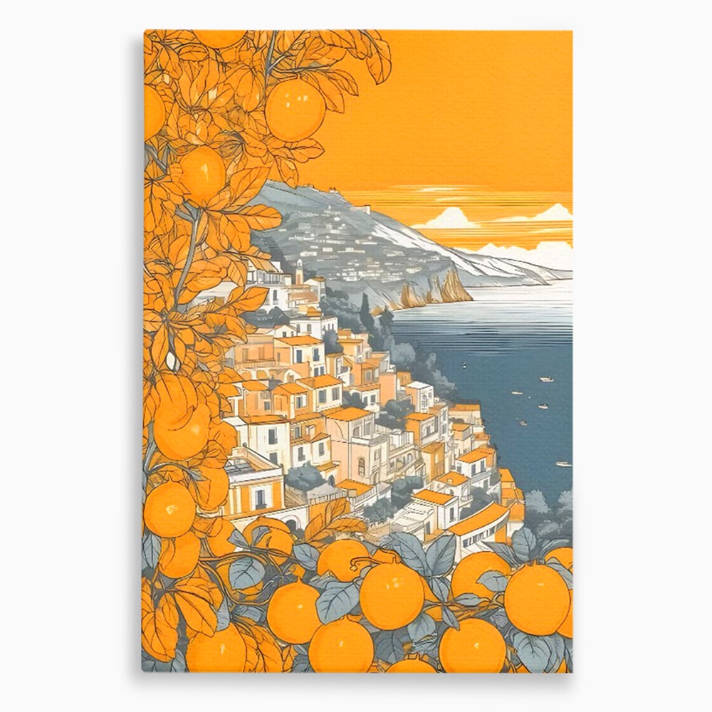 Tablou canvas cu ilustratie cu oras pe malul marii, fara rama, pe sasiu de lemn