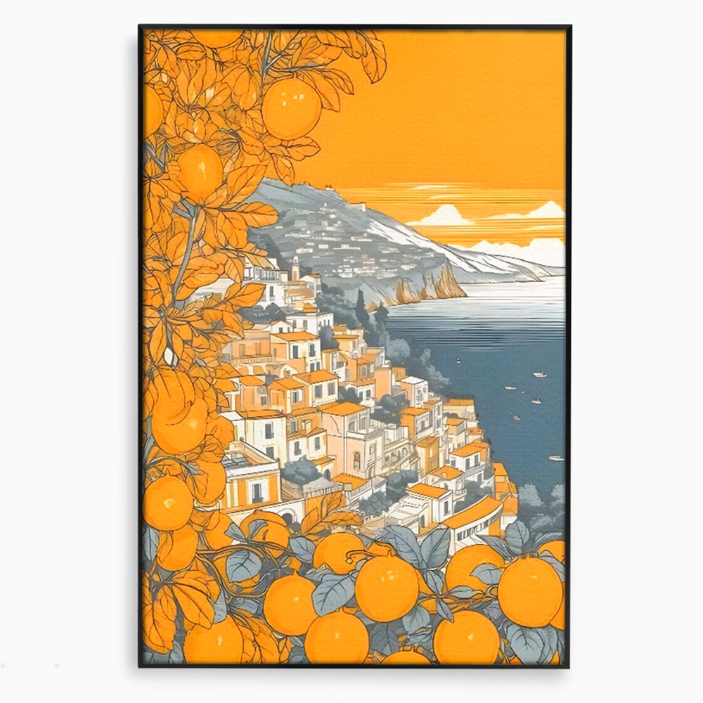 Tablou canvas cu ilustratie cu oras pe malul marii, in rama de aluminiu negru