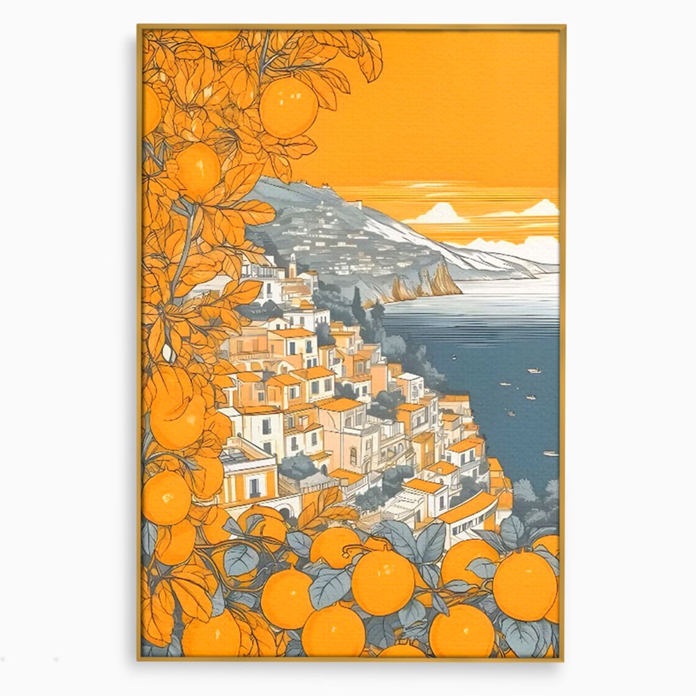 Tablou canvas cu ilustratie cu oras pe malul marii, in rama de aluminiu auriu