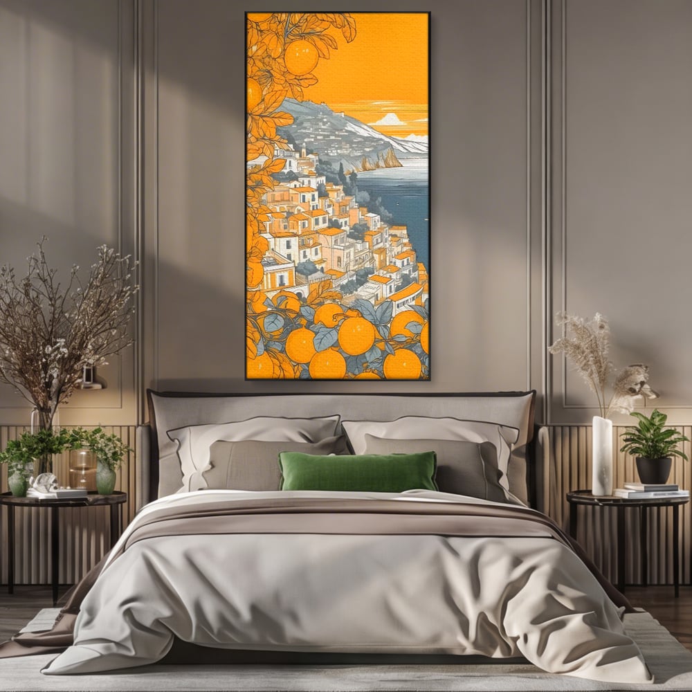 Tablou canvas cu ilustratie cu oras pe malul marii, in rama de aluminiu negru, pe perete intr-un dormitor