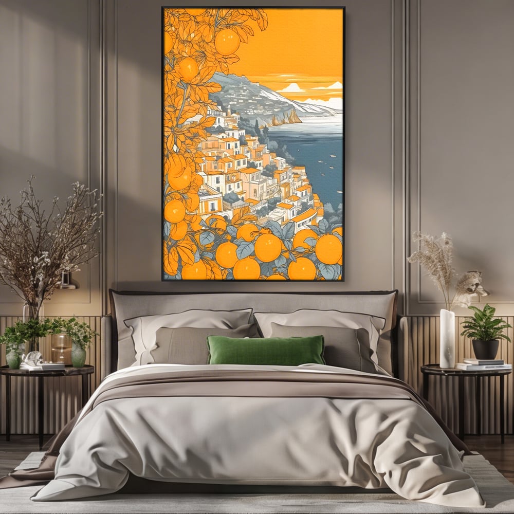 Tablou canvas cu ilustratie cu oras pe malul marii, in rama de aluminiu negru, pe perete intr-un dormitor