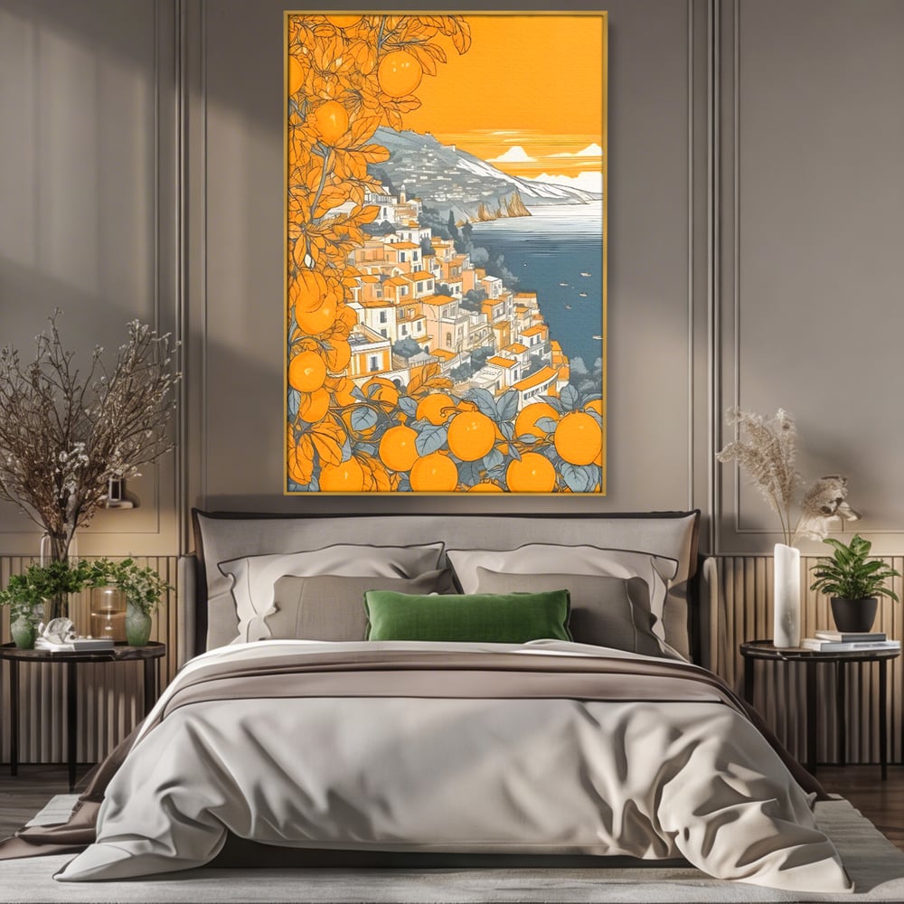 Tablou canvas cu ilustratie cu oras pe malul marii, in rama de aluminiu auriu, pe perete intr-un dormitor
