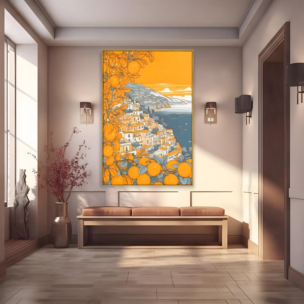 Tablou canvas cu ilustratie cu oras pe malul marii, in rama de aluminiu auriu