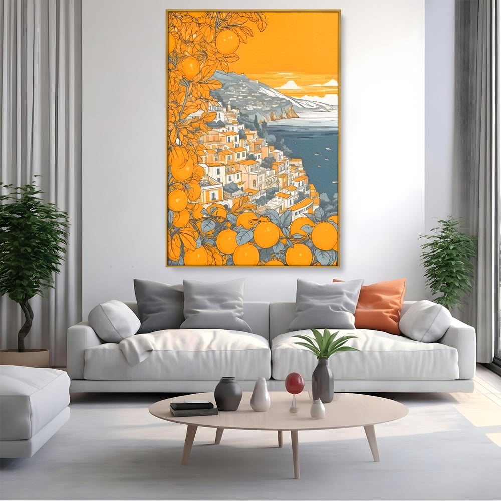 Tablou canvas cu ilustratie cu oras pe malul marii, in rama de aluminiu auriu, pe perete intr-un living