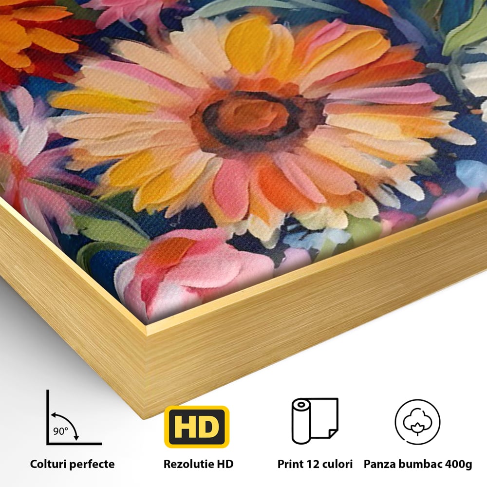 Detaliu al suprafetei: tablou canvas cu buchet de flori, in rama de aluminiu auriu