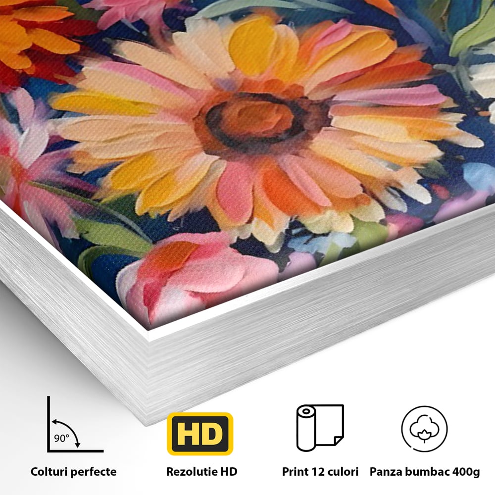 Detaliu al suprafetei: tablou canvas cu buchet de flori, in rama de aluminiu argintiu
