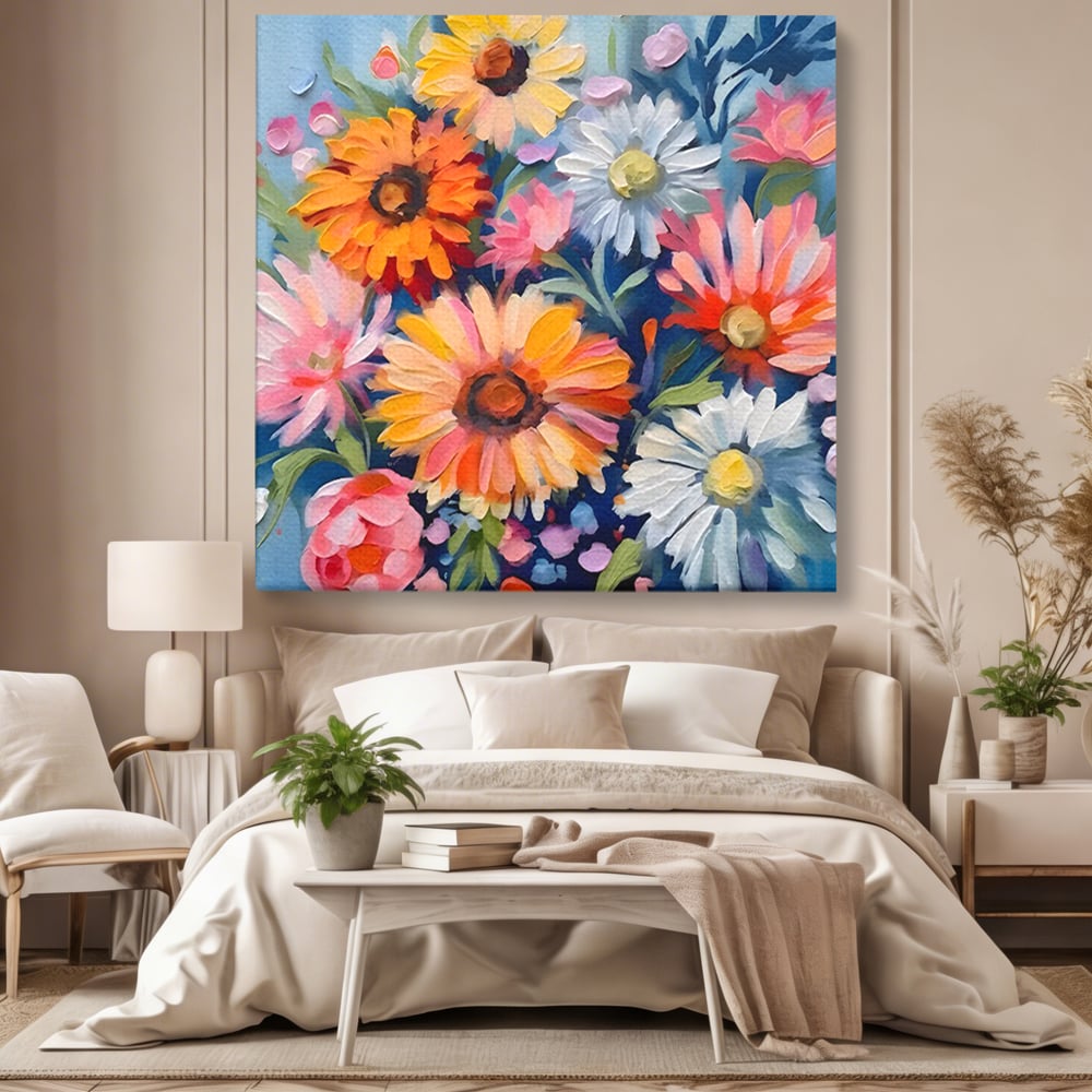Tablou canvas cu tablou canvas cu buchet de flori, fara rama, pe sasiu de lemn, pe perete intr-un dormitor