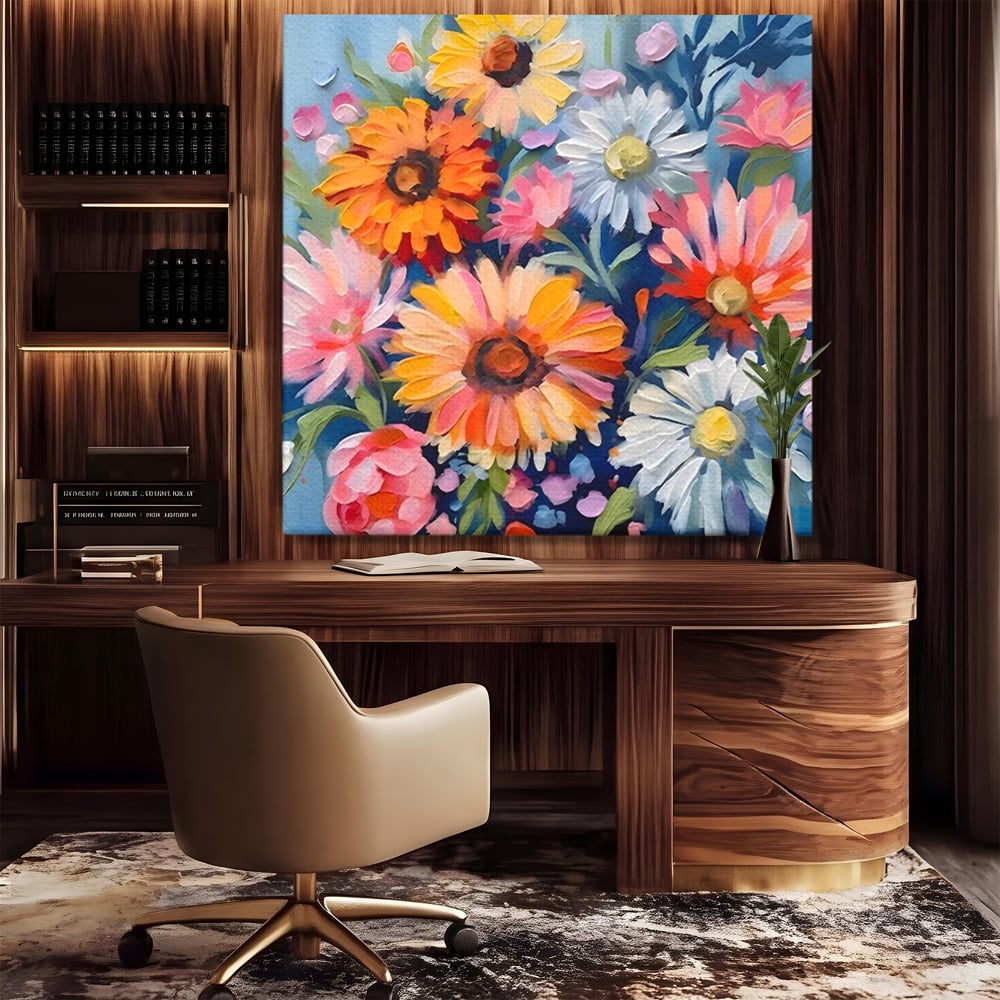 Tablou canvas cu tablou canvas cu buchet de flori, fara rama, pe sasiu de lemn, pe perete intr-un birou