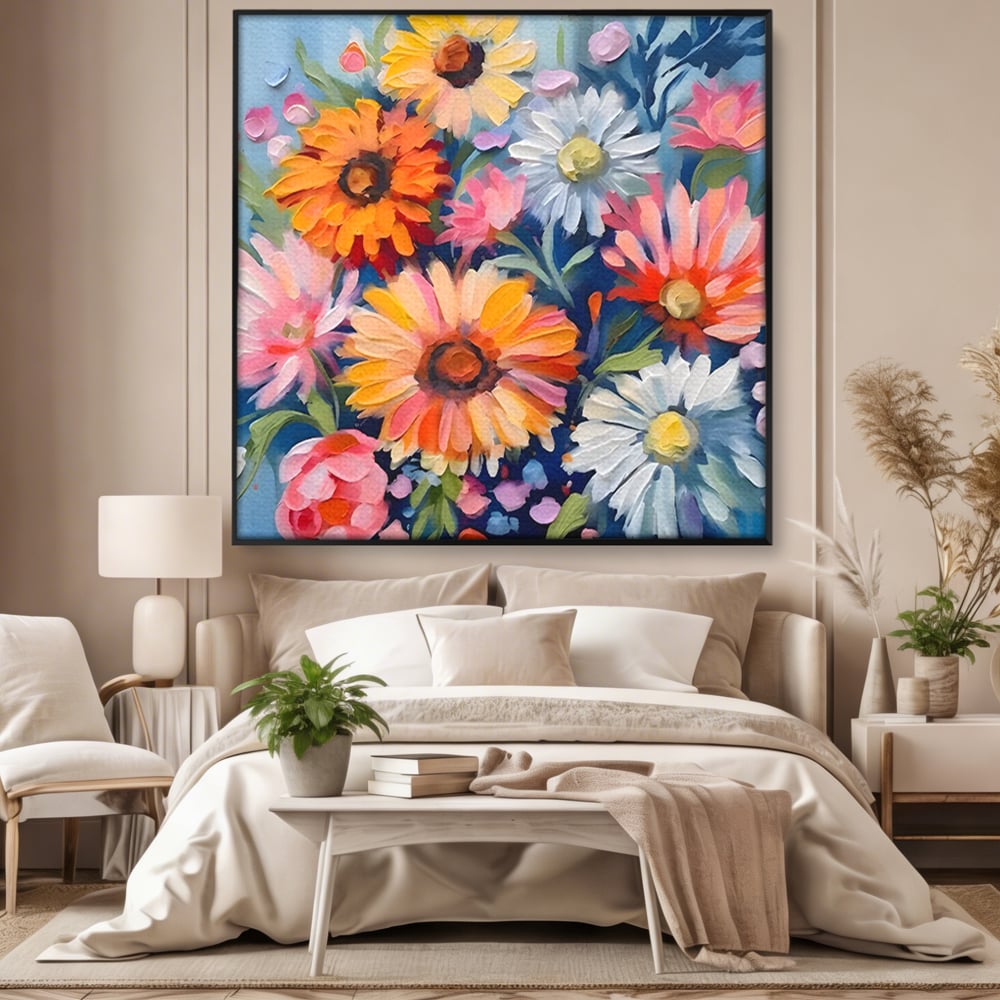 Tablou canvas cu tablou canvas cu buchet de flori, in rama de aluminiu negru, pe perete intr-un dormitor