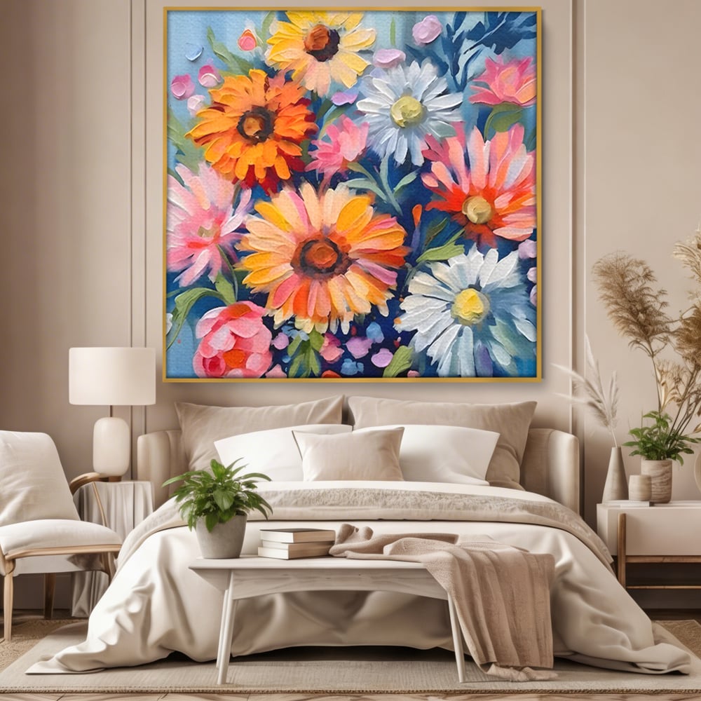 Tablou canvas cu tablou canvas cu buchet de flori, in rama de aluminiu auriu, pe perete intr-un dormitor