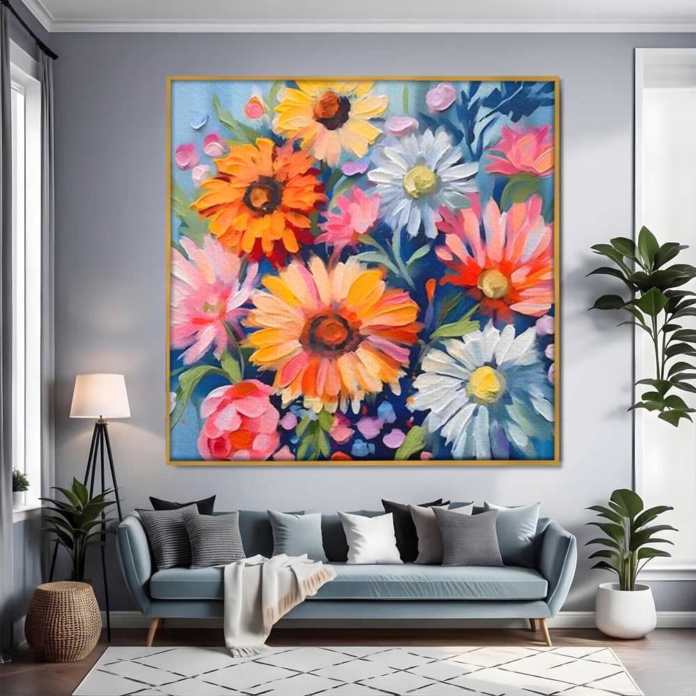 Tablou canvas cu tablou canvas cu buchet de flori, in rama de aluminiu auriu, pe perete intr-un living