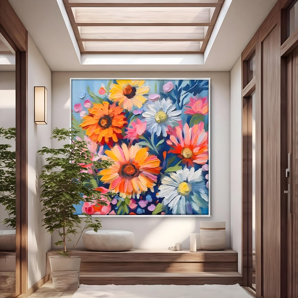 Tablou canvas cu tablou canvas cu buchet de flori, in rama de aluminiu argintiu