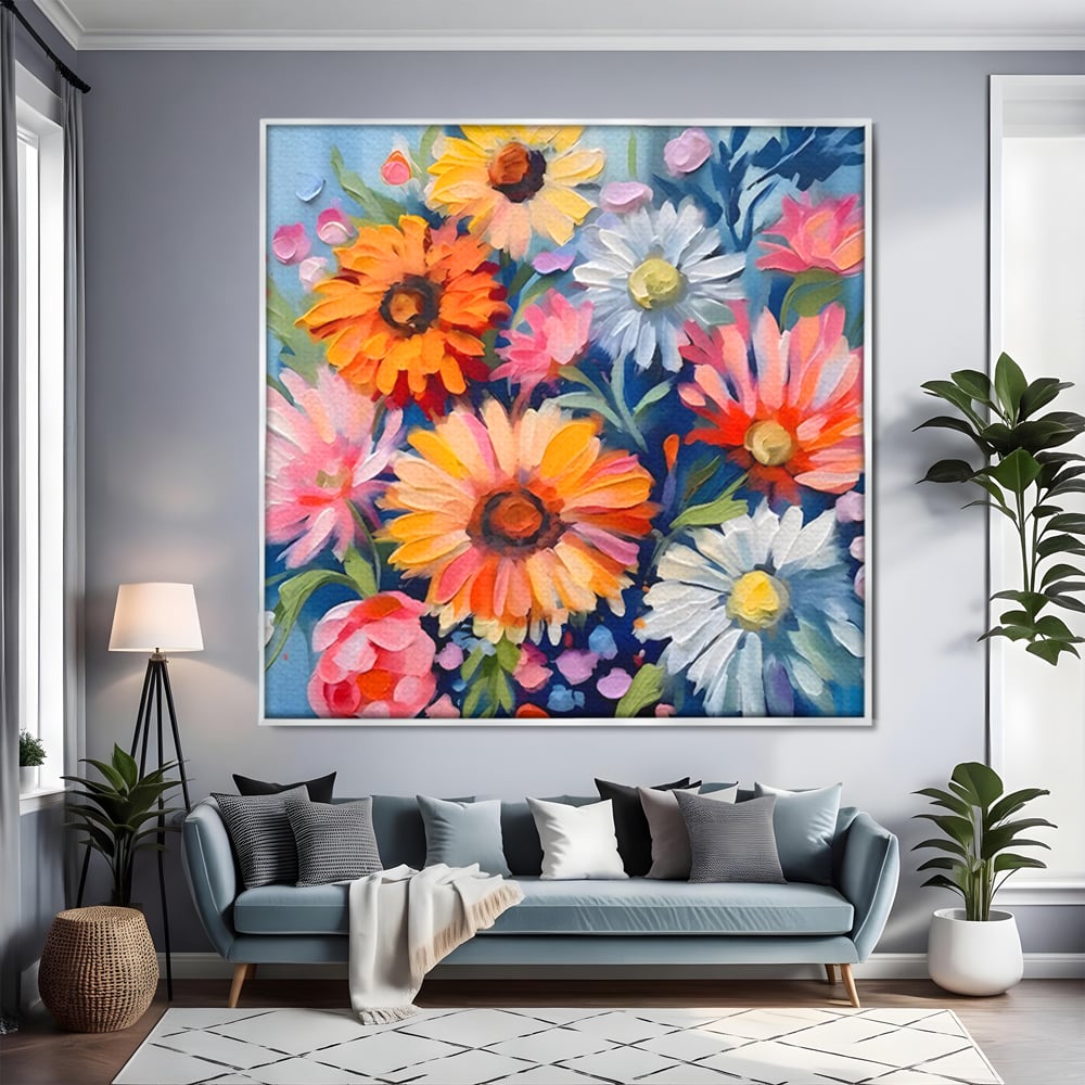 Tablou canvas cu tablou canvas cu buchet de flori, in rama de aluminiu argintiu, pe perete intr-un living