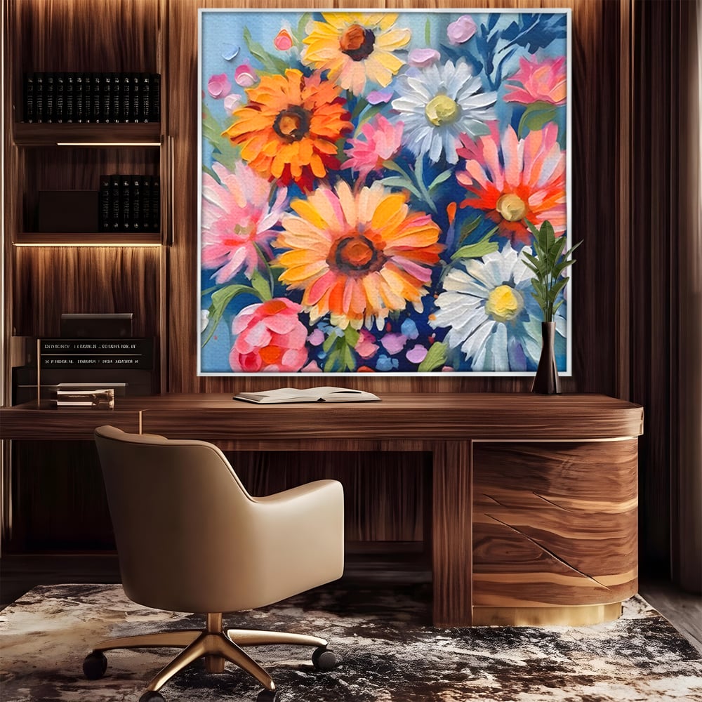 Tablou canvas cu tablou canvas cu buchet de flori, in rama de aluminiu argintiu, pe perete intr-un birou