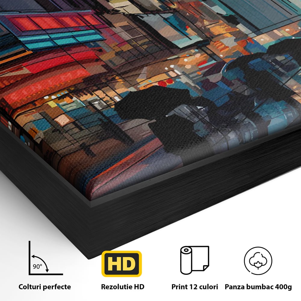 Detaliu al suprafetei: ilustratie digitala cu oameni cu umbrele, in rama de aluminiu negru