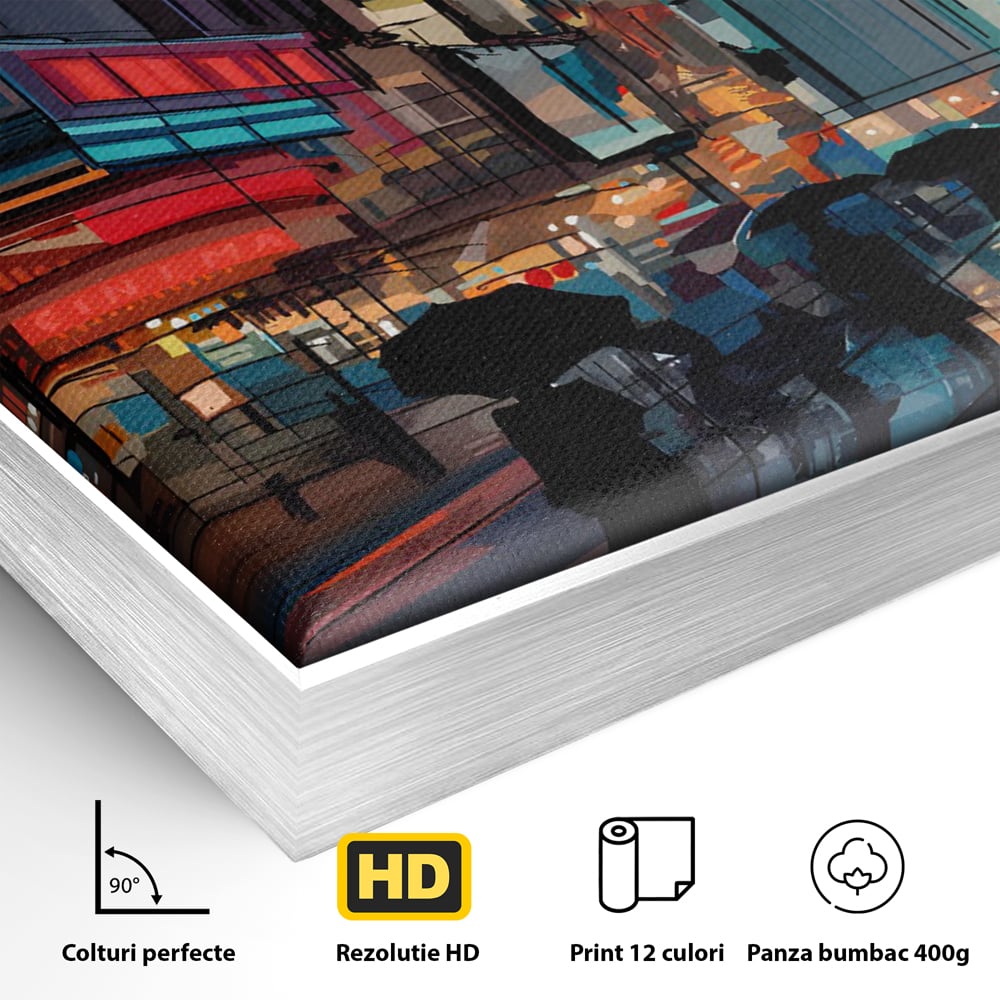 Detaliu al suprafetei: ilustratie digitala cu oameni cu umbrele, in rama de aluminiu argintiu