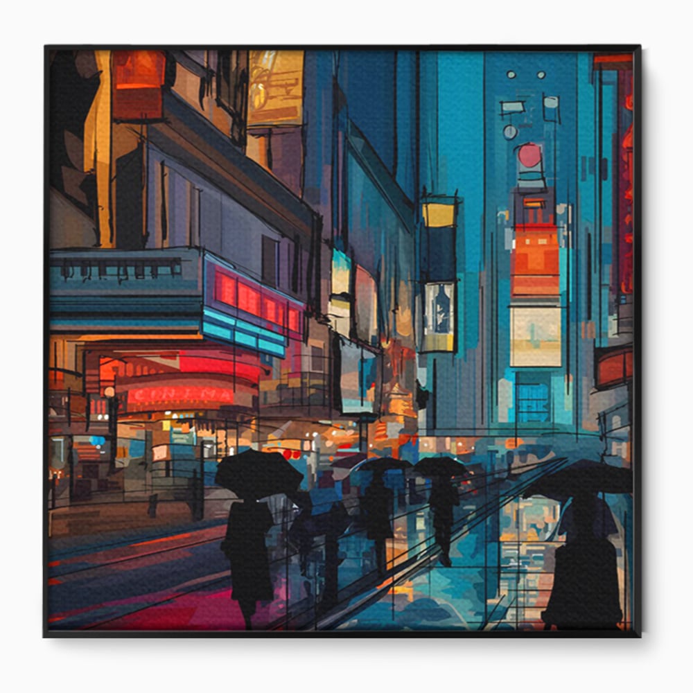Tablou canvas cu ilustratie digitala cu oameni cu umbrele, in rama de aluminiu negru