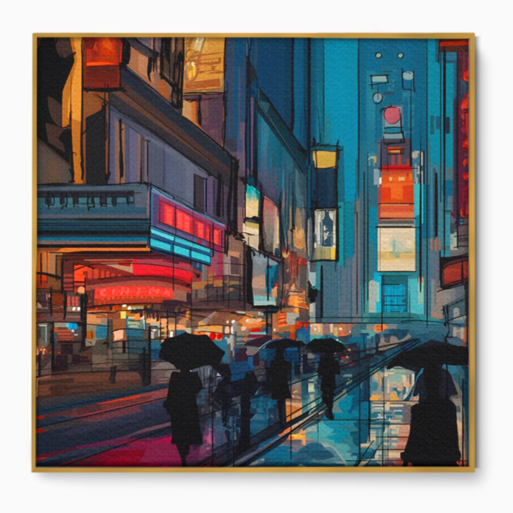 Tablou canvas cu ilustratie digitala cu oameni cu umbrele, in rama de aluminiu auriu