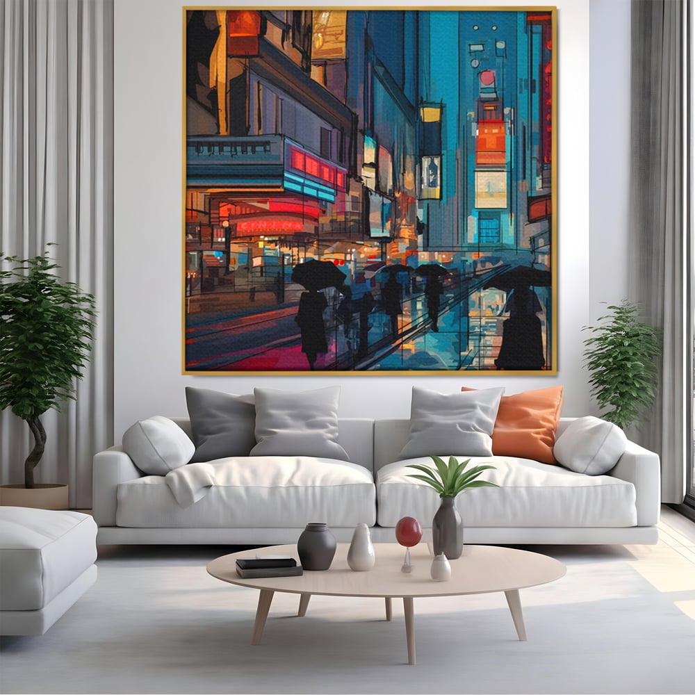 Tablou canvas cu ilustratie digitala cu oameni cu umbrele, in rama de aluminiu auriu, pe perete intr-un living