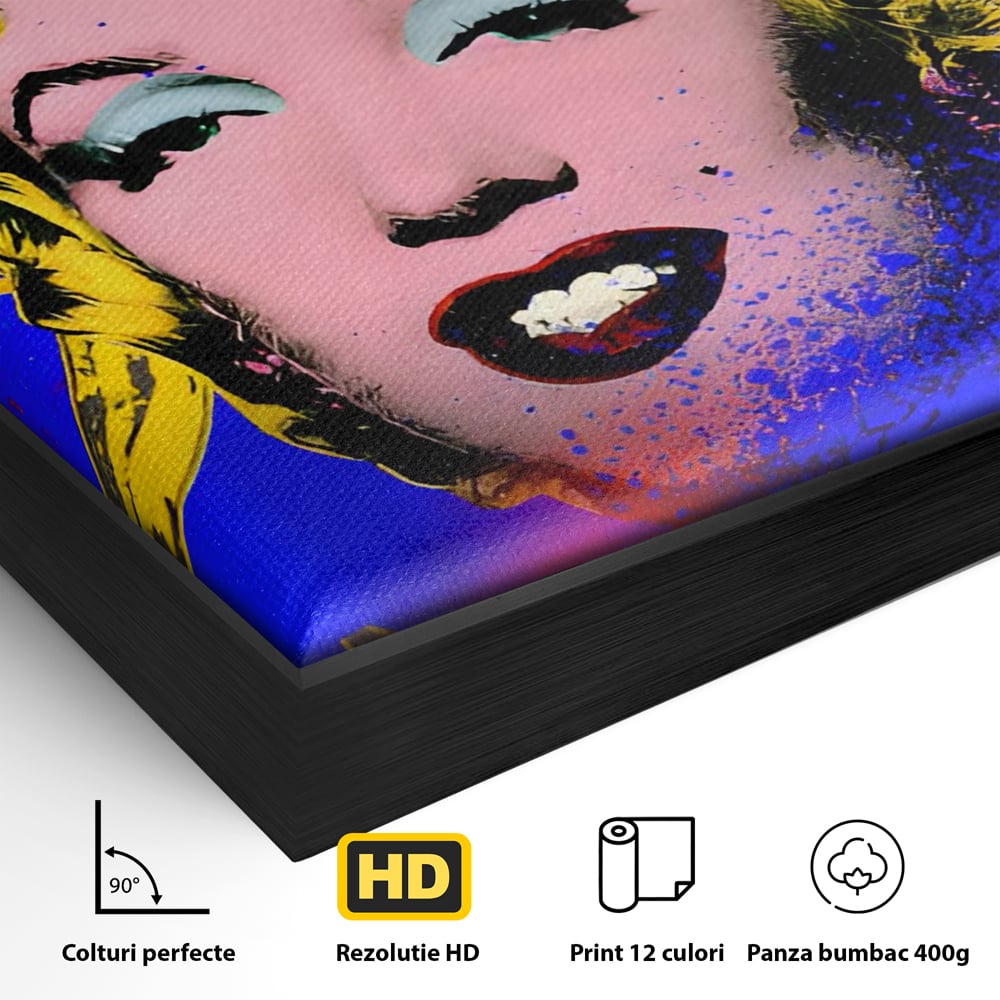 Detaliu al suprafetei: tablou canvas cu portretul stilizat al lui marilyn monroe, in rama de aluminiu negru
