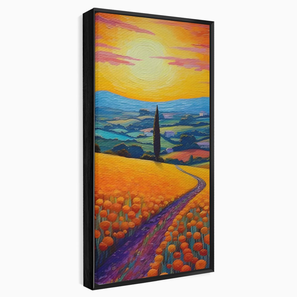 Tablou canvas cu pictura peisaj cu drum si chiparos, in rama de aluminiu negru