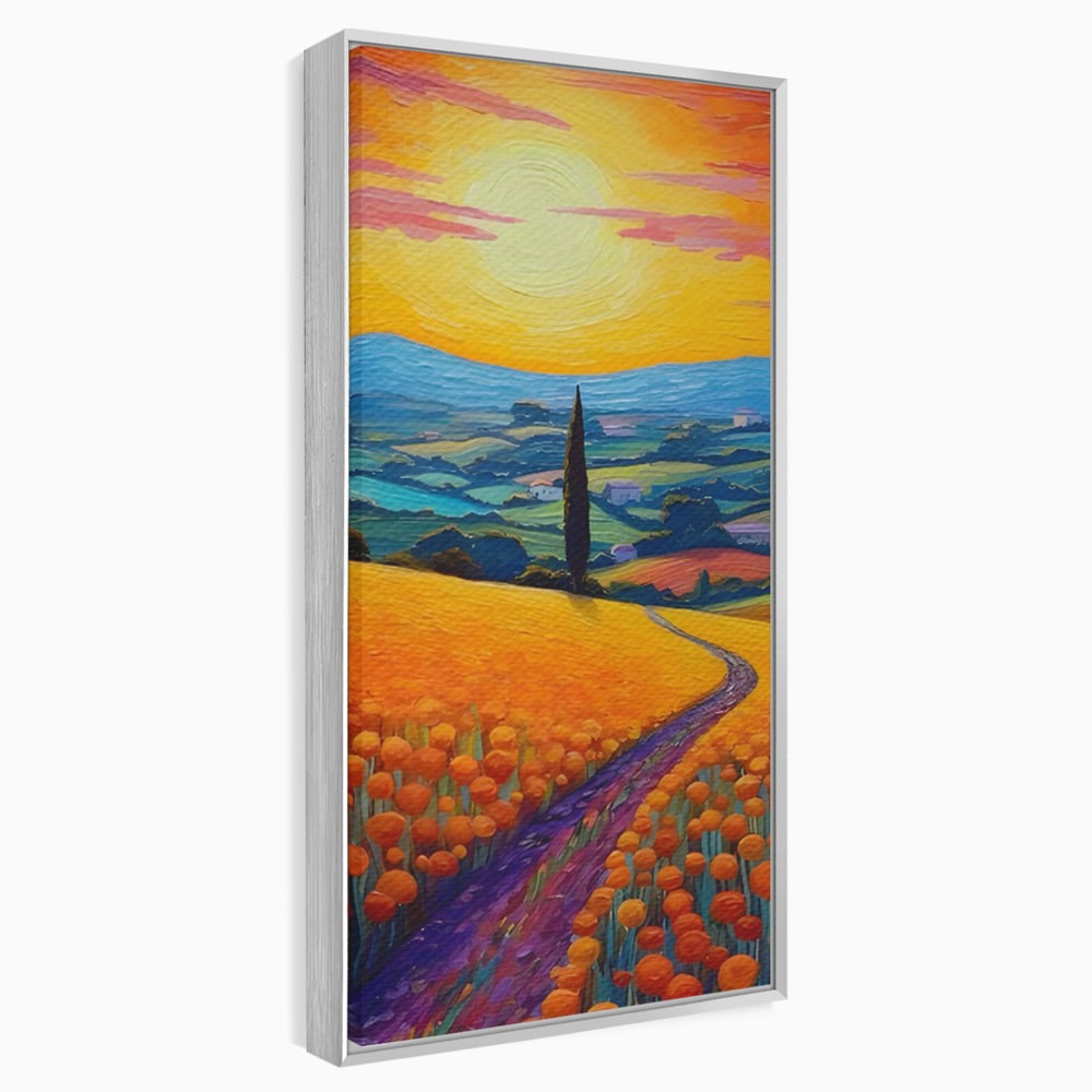 Tablou canvas cu pictura peisaj cu drum si chiparos, in rama de aluminiu argintiu