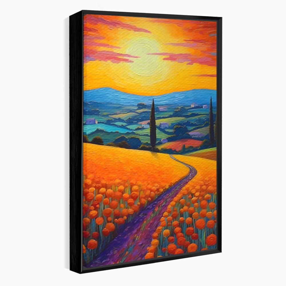 Tablou canvas cu pictura peisaj cu drum si chiparos, in rama de aluminiu negru