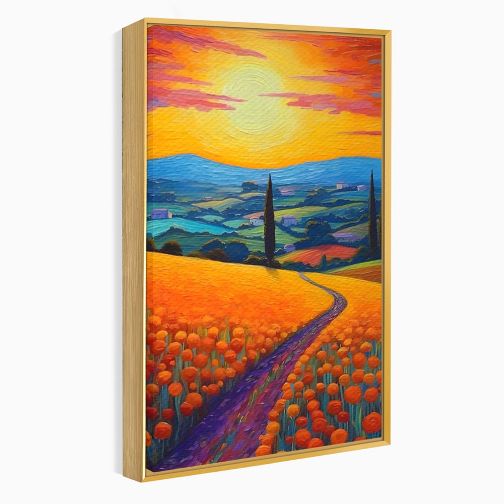 Tablou canvas cu pictura peisaj cu drum si chiparos, in rama de aluminiu auriu