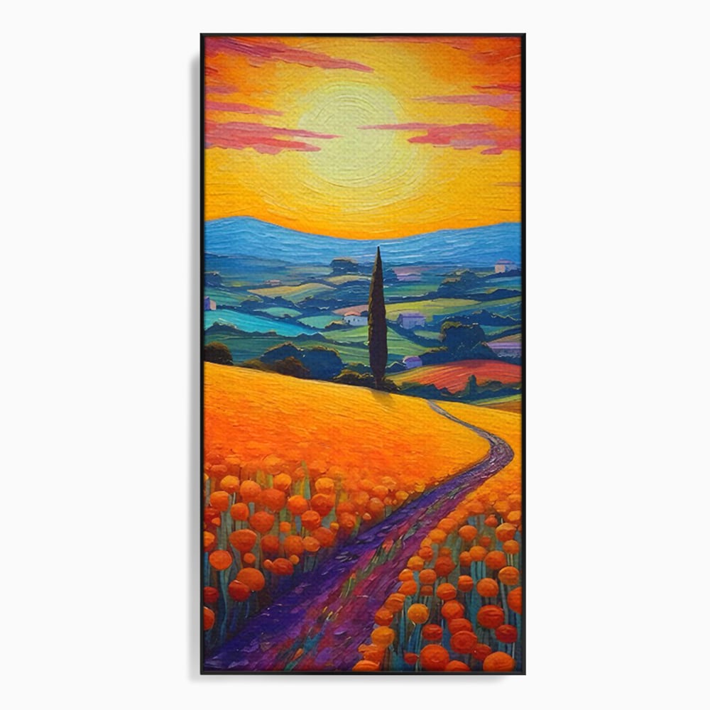 Tablou canvas cu pictura peisaj cu drum si chiparos, in rama de aluminiu negru