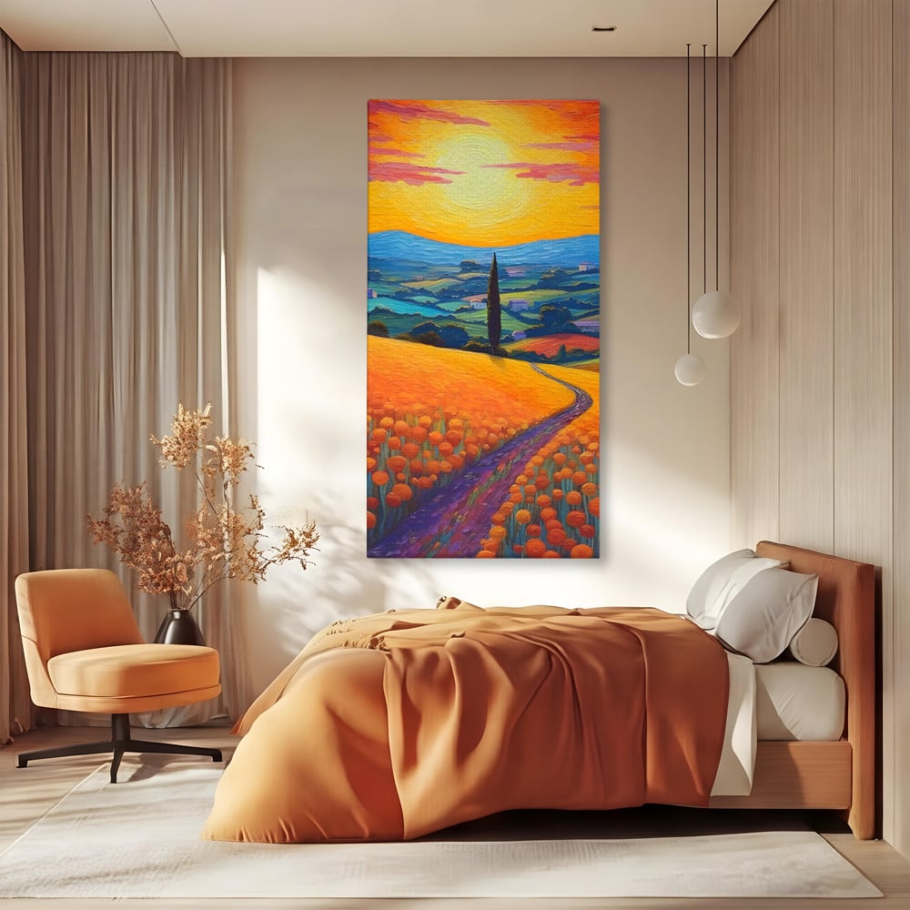 Tablou canvas cu pictura peisaj cu drum si chiparos, fara rama, pe sasiu de lemn, pe perete intr-un dormitor