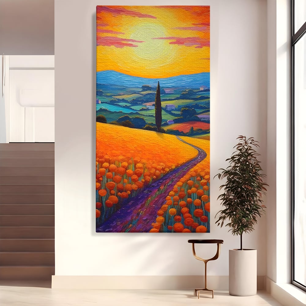 Tablou canvas cu pictura peisaj cu drum si chiparos, fara rama, pe sasiu de lemn