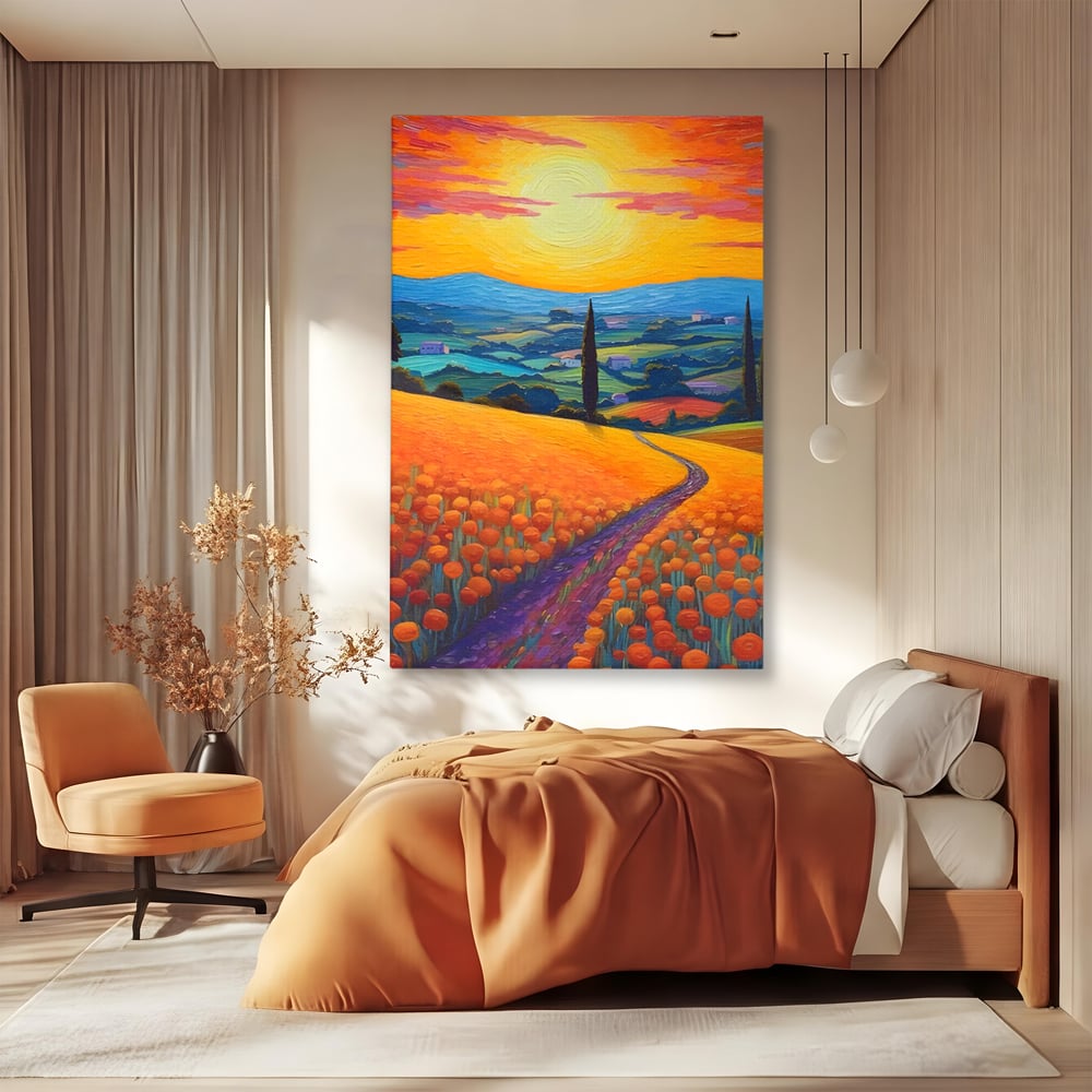 Tablou canvas cu pictura peisaj cu drum si chiparos, fara rama, pe sasiu de lemn, pe perete intr-un dormitor