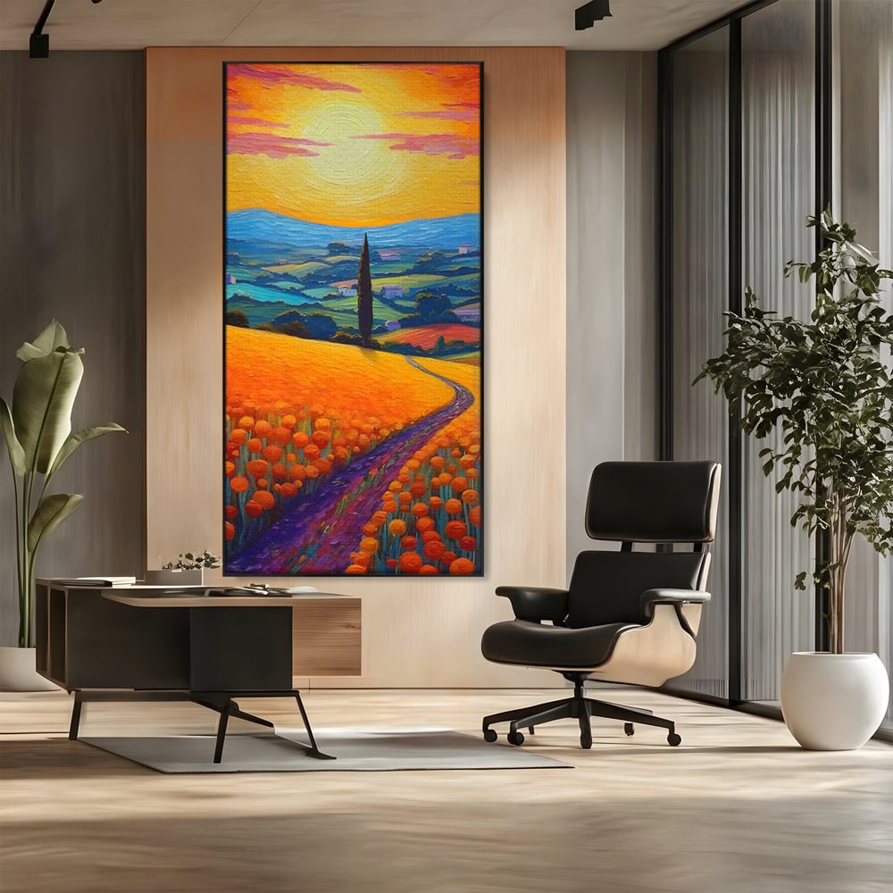 Tablou canvas cu pictura peisaj cu drum si chiparos, in rama de aluminiu negru, pe perete intr-un birou