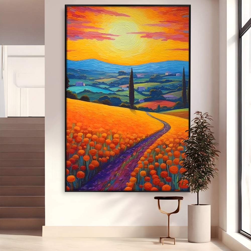 Tablou canvas cu pictura peisaj cu drum si chiparos, in rama de aluminiu negru