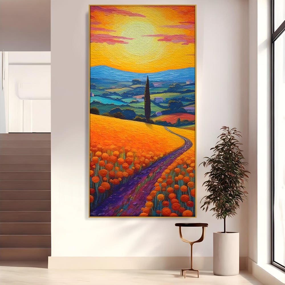 Tablou canvas cu pictura peisaj cu drum si chiparos, in rama de aluminiu auriu