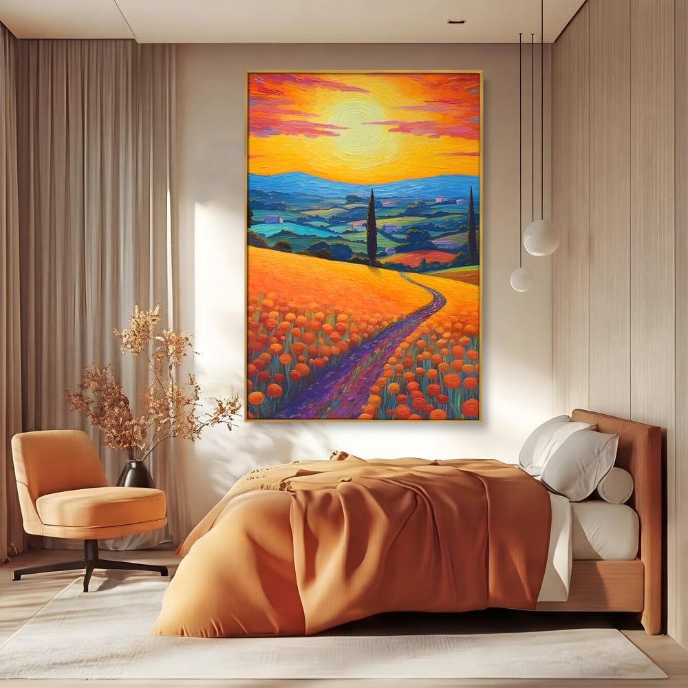Tablou canvas cu pictura peisaj cu drum si chiparos, in rama de aluminiu auriu, pe perete intr-un dormitor